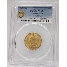 AUSTRALIA 1892 . ONE 1 SOVEREIGN . SYDNEY . GOLD . PCGS MS61
